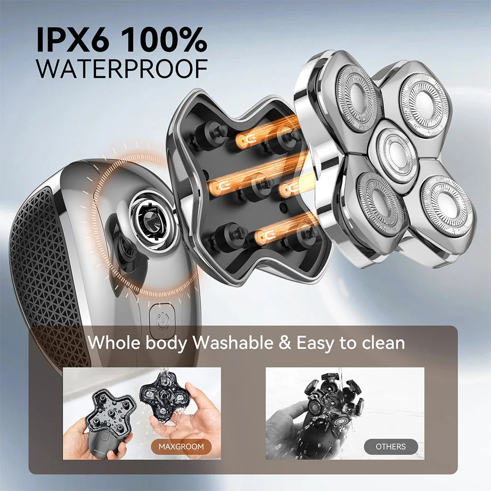 MAXGROOM 5D Electric Head Shaver – Magnetic Floating Blade, USB Rechargeable Waterproof Razor