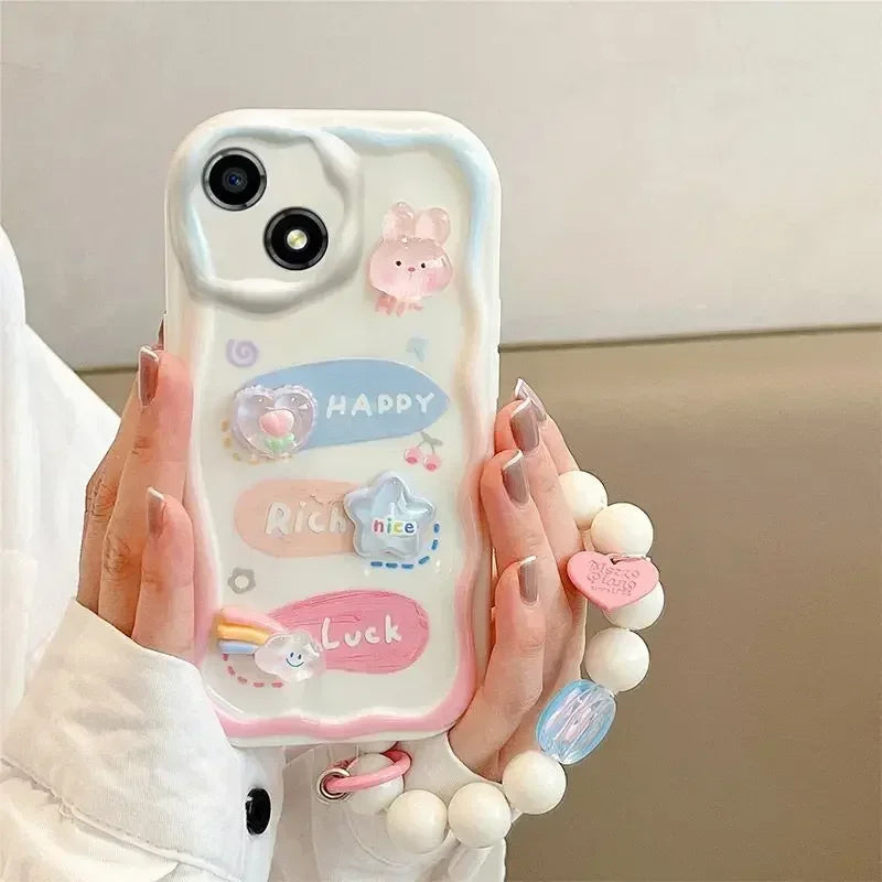 Korean 3D Bear Hang Phone Chain Lanyard Clear Soft Phone Case For iPhone 17 Air 16 15 14 Pro Max 11 13 12 Mini Plus Cute Cover