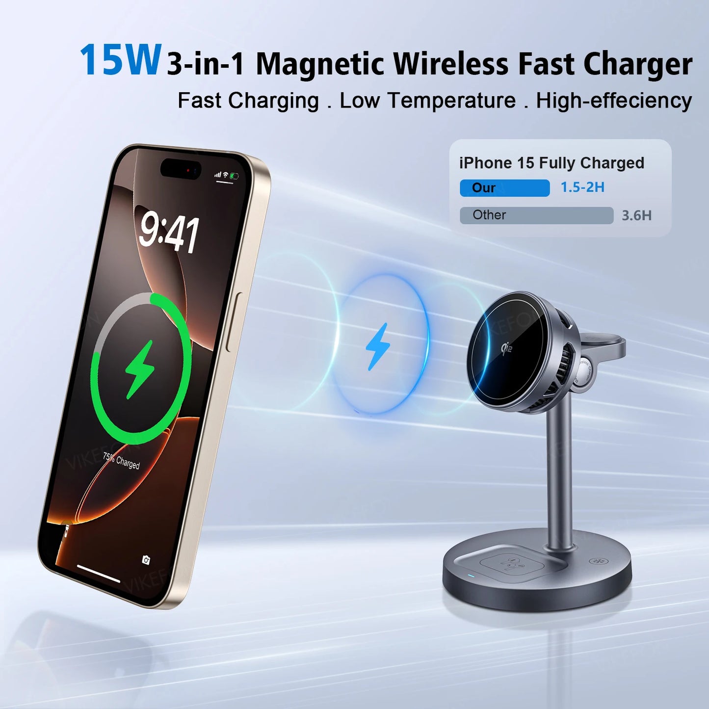 15W Qi2 Magnetic 3 in 1 Wireless Charger TEC Semiconductor Radiator for Magsafe iPhone 17~12 Pro Max Apple Watch 9 8 AirPods Pro