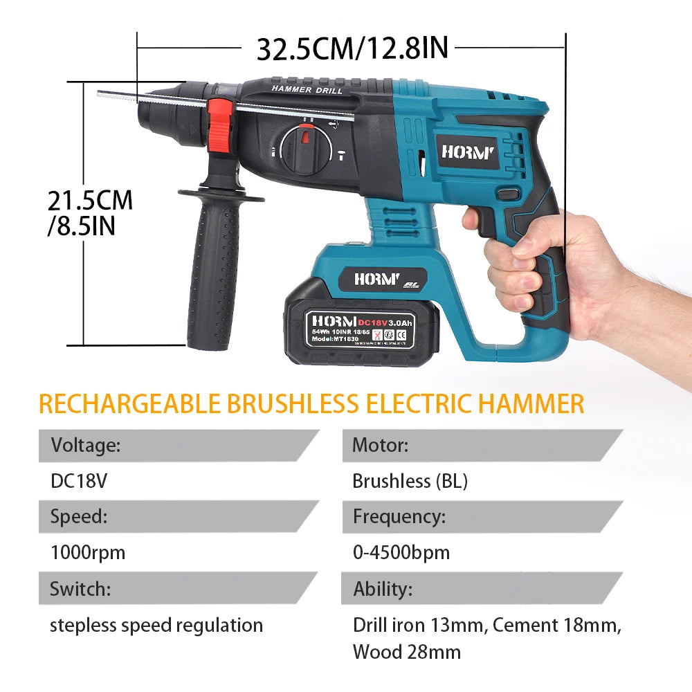 Brushless Electric Hammer Cordless Impact Drill Multi-function Rotary Hammer Concrete Electric Pick For Makita 18V Battery
