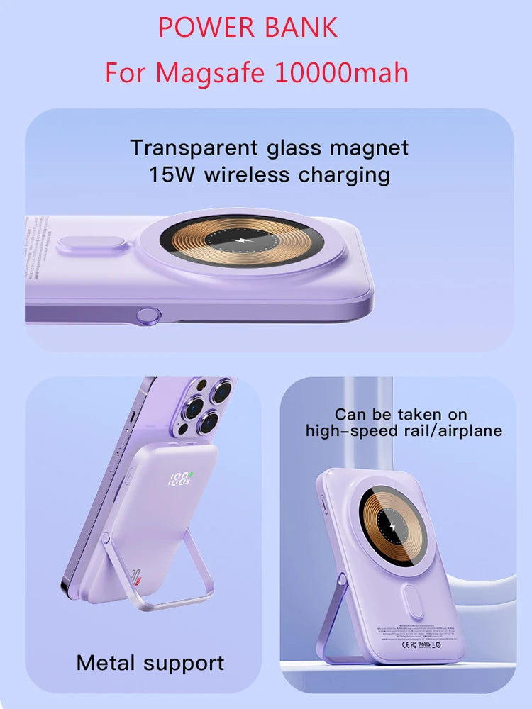Travel 10000mAh Powerbank For Magsafe Wireless Charger Power Banks Fast Charge External Battery With Bracket For iPhone 15 14 13
