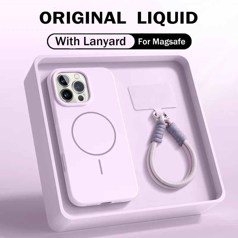 Luxury For Magsafe Magnetic Case For iPhone 15 14 16 Plus 11 12 13 Pro Max 16E Original Liquid Silicone Lanyard Strap Soft