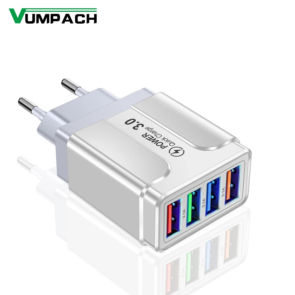 4 Ports Quick Charge 3.0 Wall Fast Charger Micro USB Fast Data Sync x Cable for Samsung Xiaomi Huawei Mobile Phone