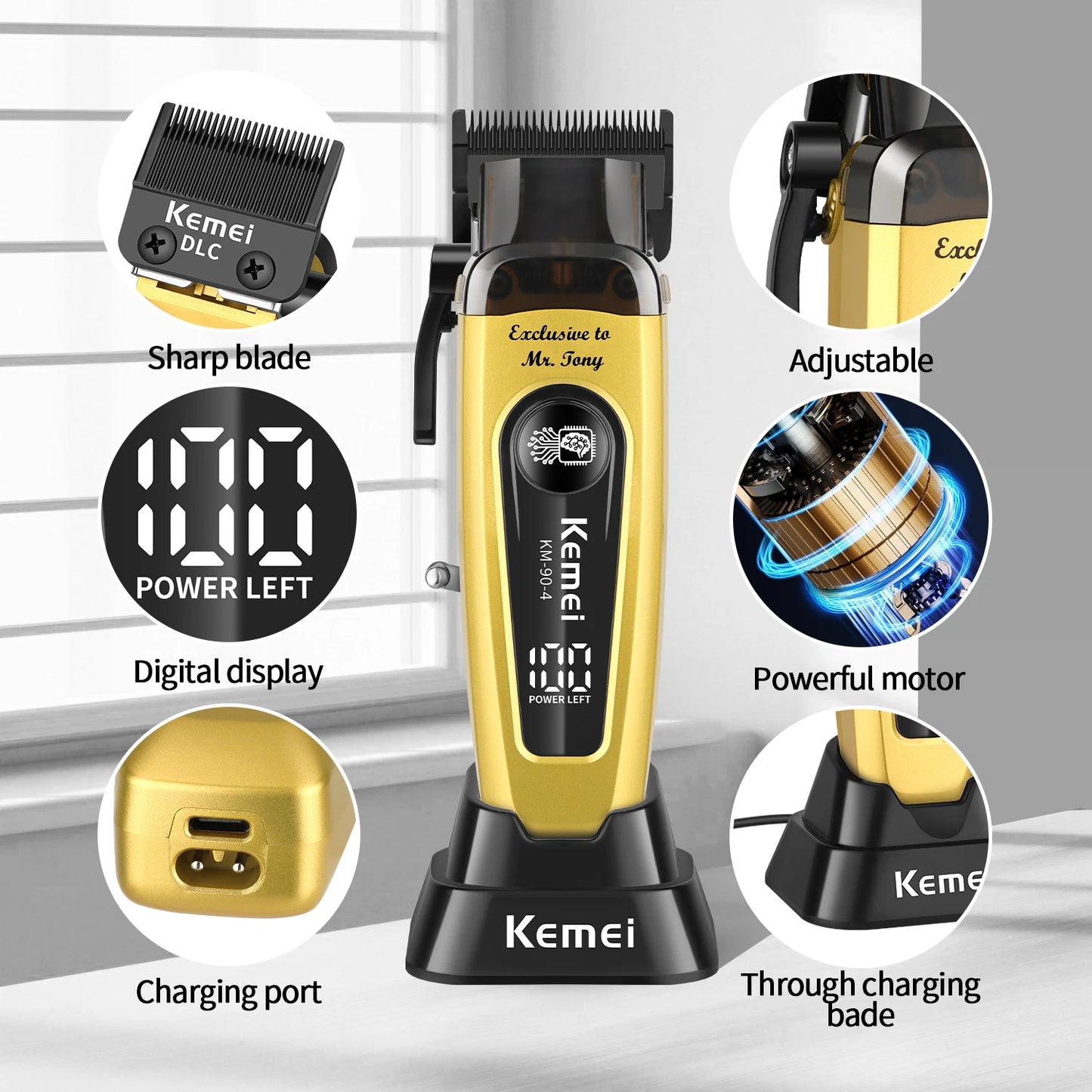 Kemei KM-904 Professional Hair Clipper – 11500RPM, Brushless Motor, DLC Blade
