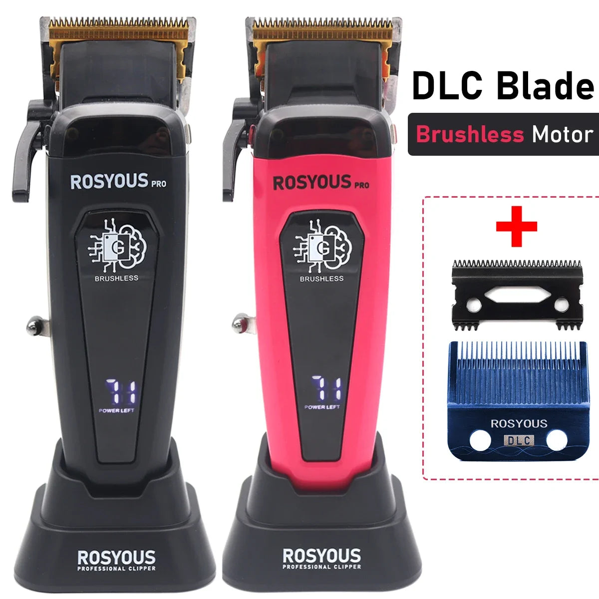 Professional Hair Clipper 106 – Brushless Motor, DLC Blade, LED Display, Base Charger