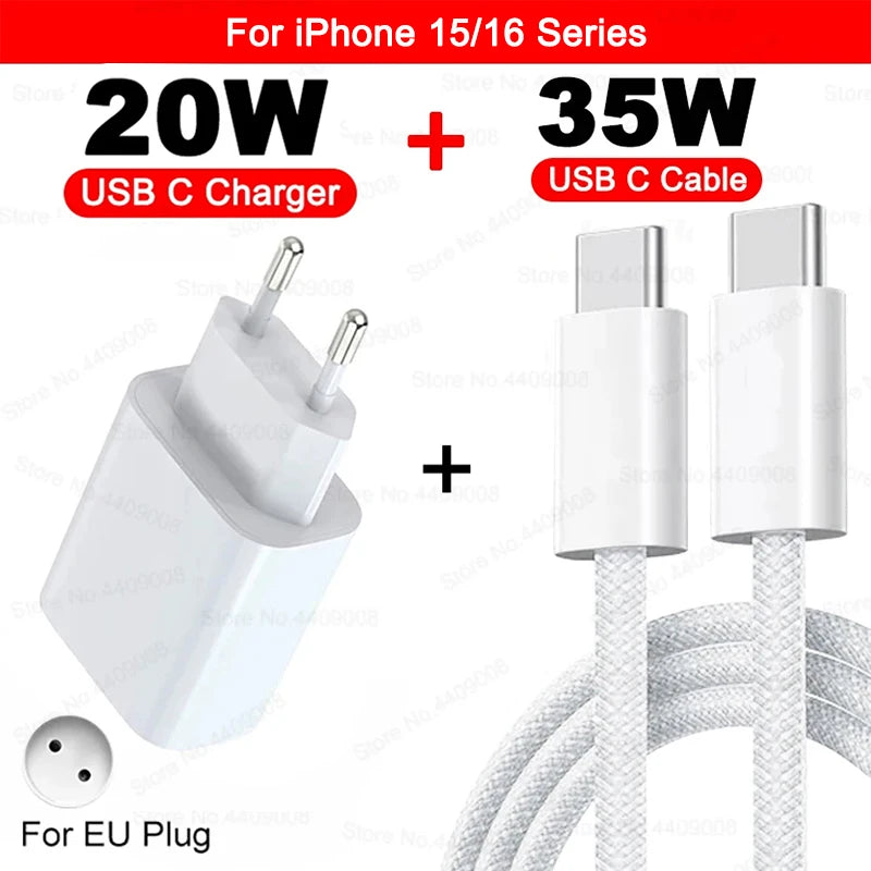US EU Adapter 20W PD Fast Charger For iPhone 13 12 11 14 15 16 Pro Max Plus Fast USB C Type C Cable Accessories