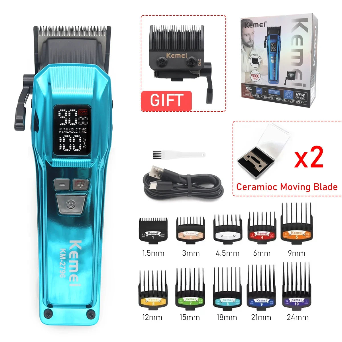 Kemei KM-2796 Professional Hair Clipper – Brushless Motor, DLC Blade, 9000RPM