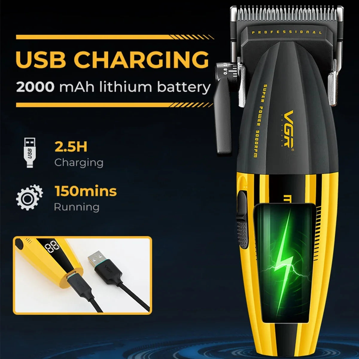 VGR V-285 Professional Hair Clipper – 9000RPM, LED Display, DLC & Ceramic Blade
