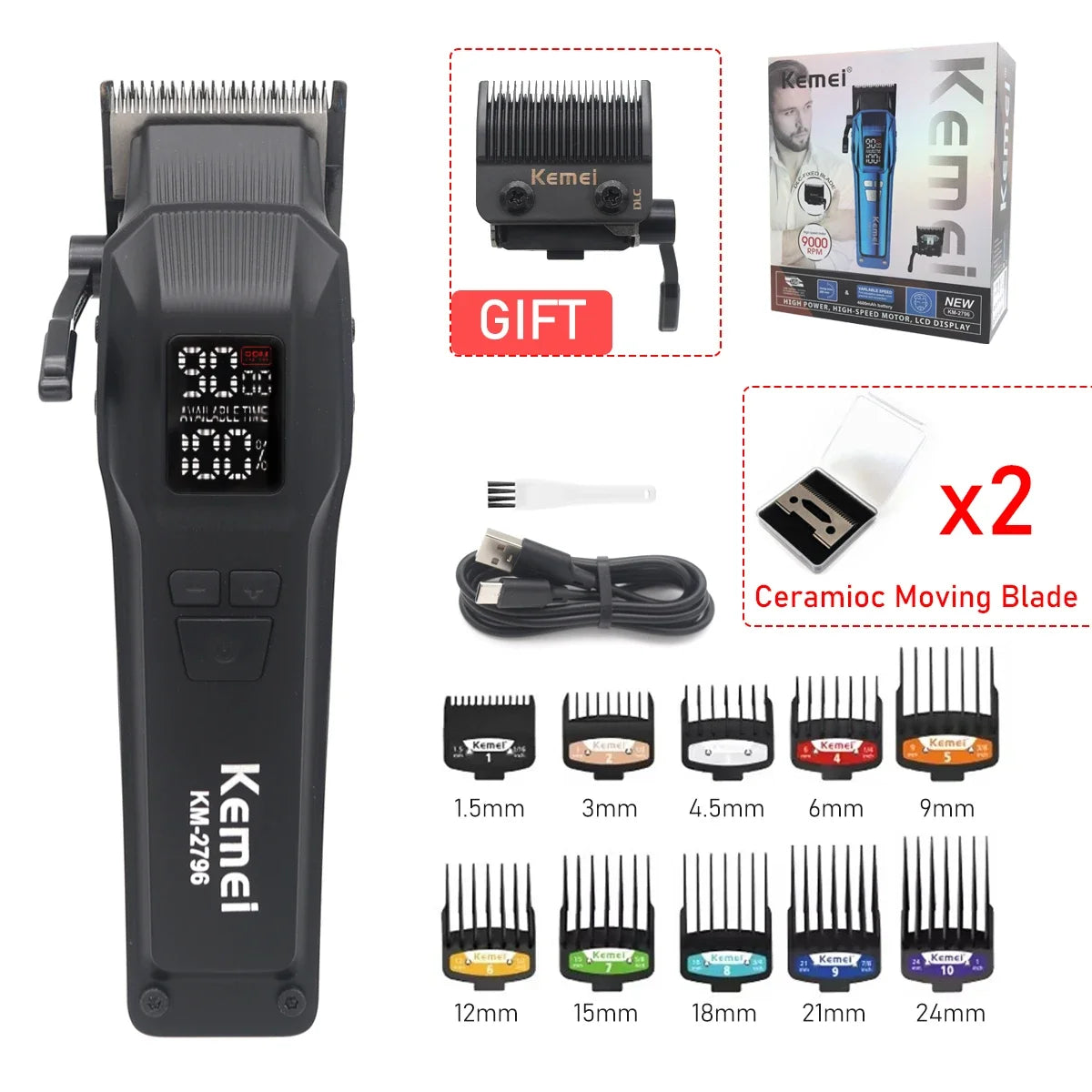 Kemei KM-2796 Professional Hair Clipper – Brushless Motor, DLC Blade, 9000RPM