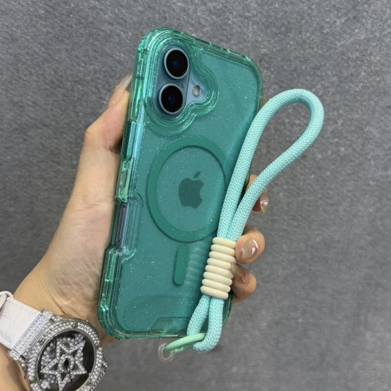 Glitter Transparent Magnetic For Magsafe Case For iPhone 16 15 14 Plus 13 16 Pro Max Wrist Strap Lanyard Shockproof Armor Cover