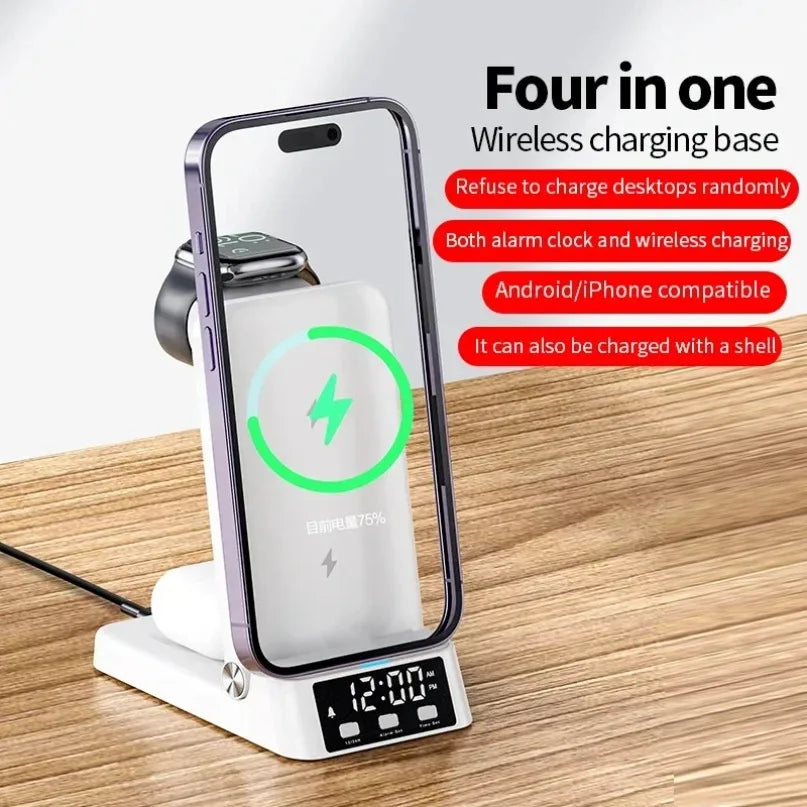 30W 4 in 1 Quick Wireless Charger Dock Alarm Clock Phone Stand For iPhone Samsung Xiaomi Apple Watch 10-2 AirPods Pro2/1 Buds3/2