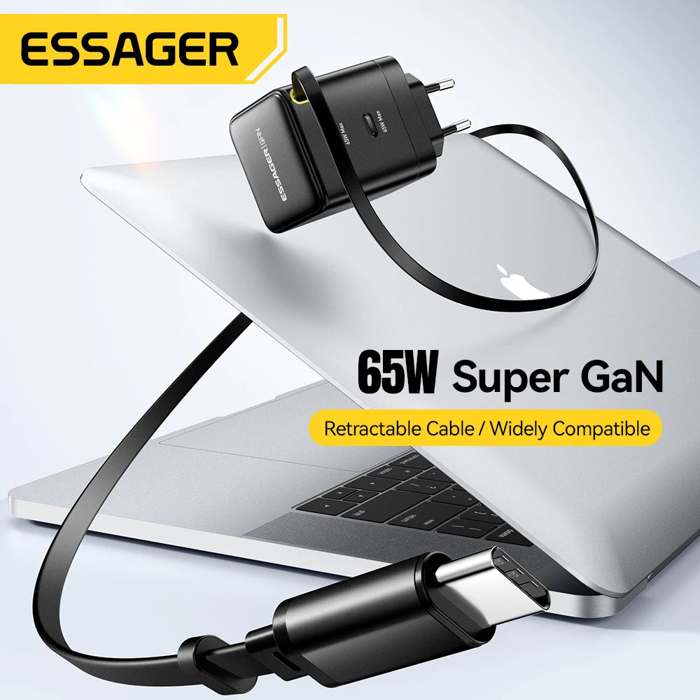 Essager 65W GaN Fast Charger with Retractable Cable PDfor Laptop Macbook iPhone 16 15 14 Xiaomi Type-C