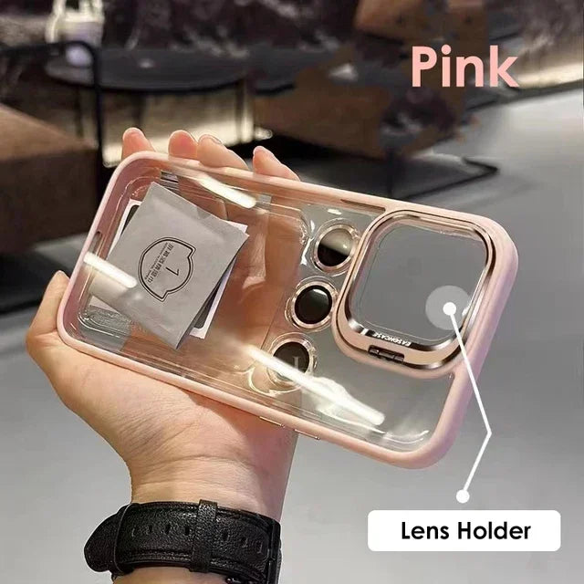 Lens Metal Ring Protector Stand Phone Case For IPhone 17 16 15 14 13 12 Pro Max Camera Glass Lens Protection Transparent Cover