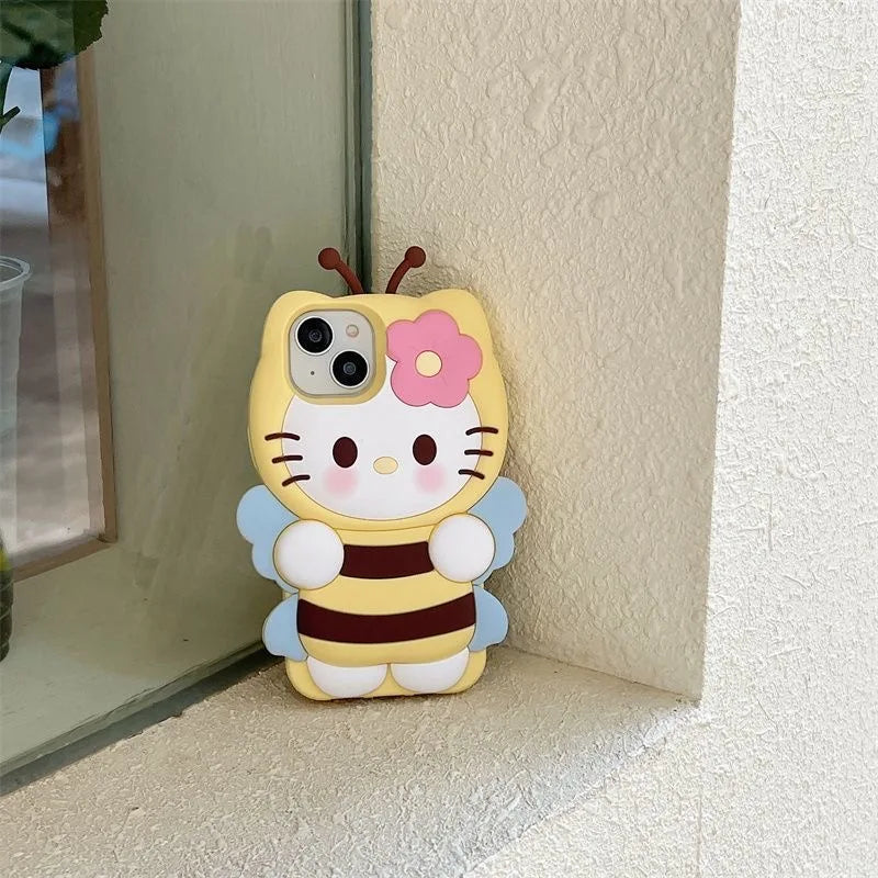 For iPhone 16 Pro Max 11 12 13 Mini 14 15 Plus X XS XR 7 8 SE 2020 Cute Bee Hello Kitty 3D Cartoon Silicone Phone Case Cover
