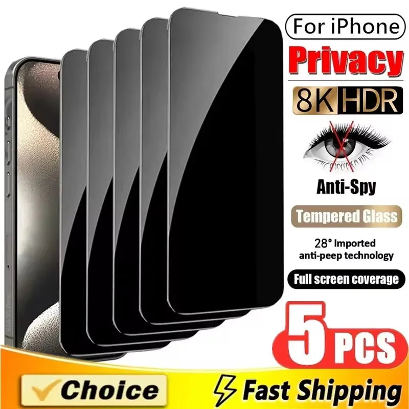 5PCS Anti-Spy Glass For iPhone 16 15 14 13 12 11 Pro Max Privacy Screen Protectors For iPhone X XS XR 7 8 Plus SE Tempered Glass