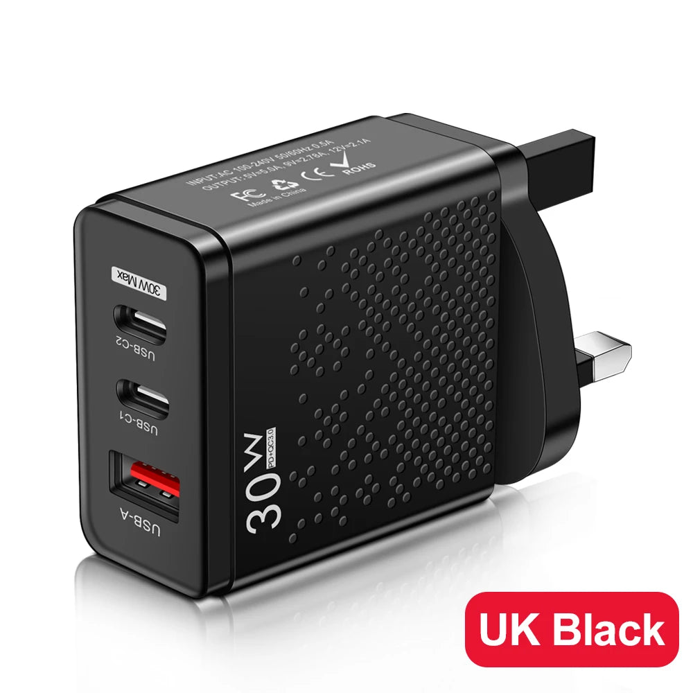 3 Ports PD 30W USB Type C Fast Charging Wall Power For iPhone16 Xiaomi Huawei Samsung  3.0 Phone