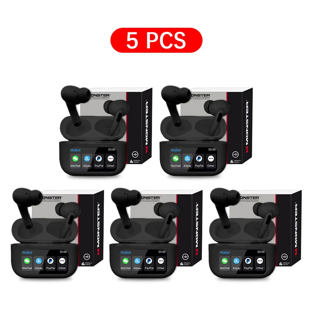 MONSTER Wireless Bluetooth 5.3 Earphones LCD Touch Screen Headphones ANC Noise Reduction Headset Built In HD Mic  Music Earbuds