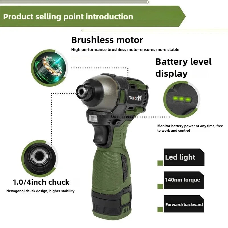 Cordless Brushless Electric Impact Drill 140N.m with Metal Ratchet Chuck