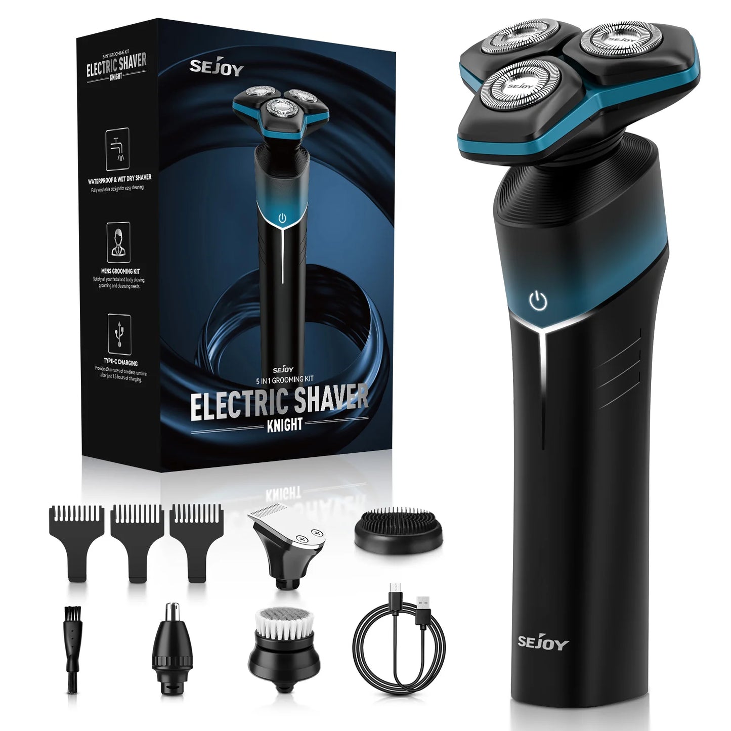 SEJOY 3-in-1 Electric Shaver – Cordless Beard & Nose Hair Trimmer, Waterproof USB Rechargeable
