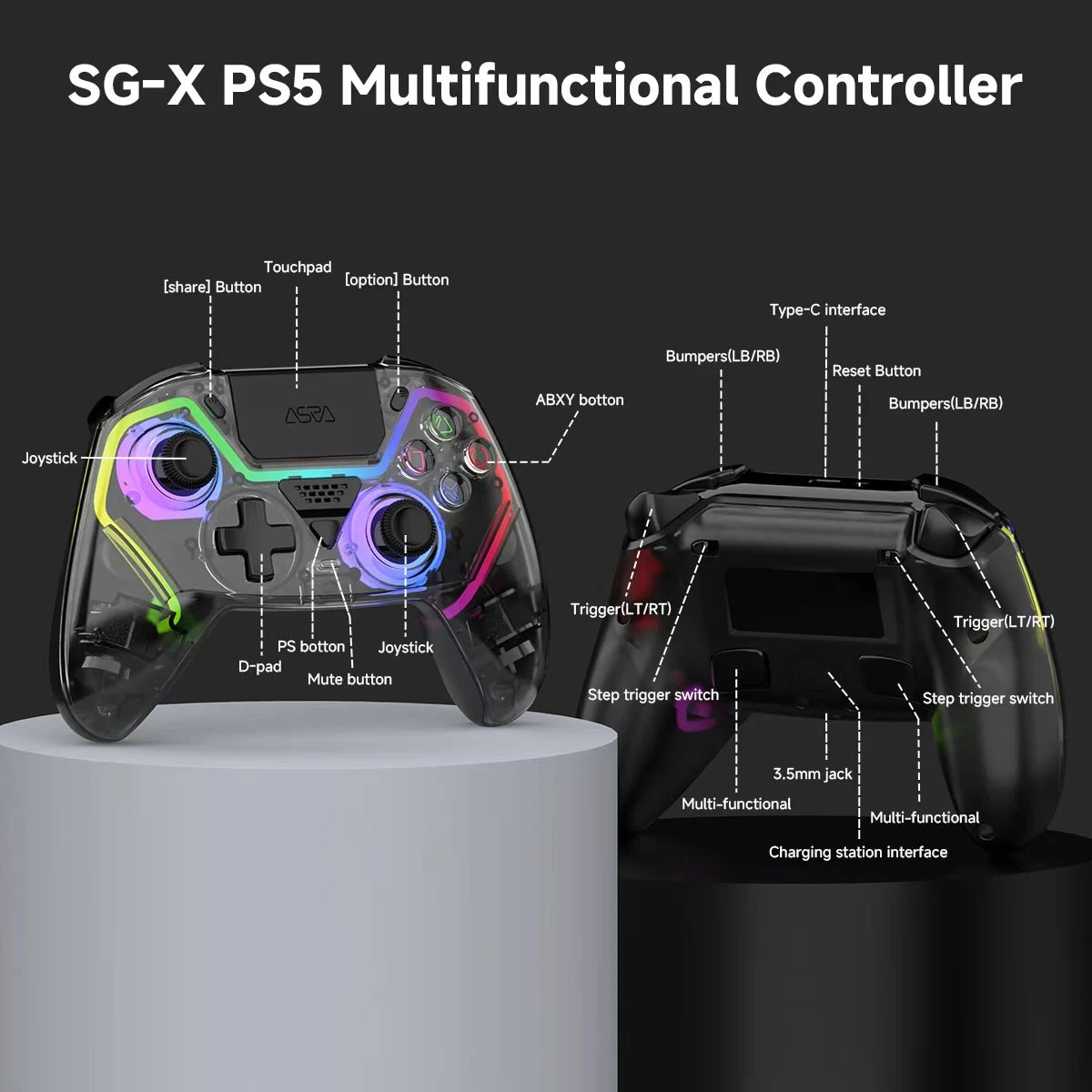 Transparent HG-04D Wireless Controller for PS5/PC/iOS/Android/Steam – BT 5.3, Macro, Touchpad, Hall Triggers