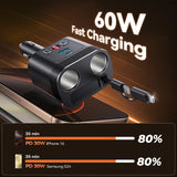 Joyroom 140W Retractable Car Charger 5 in 1 Fast Charging Car Charger Retractable Cable 2 USB Ports Car Charger Adapter JR-CCL03