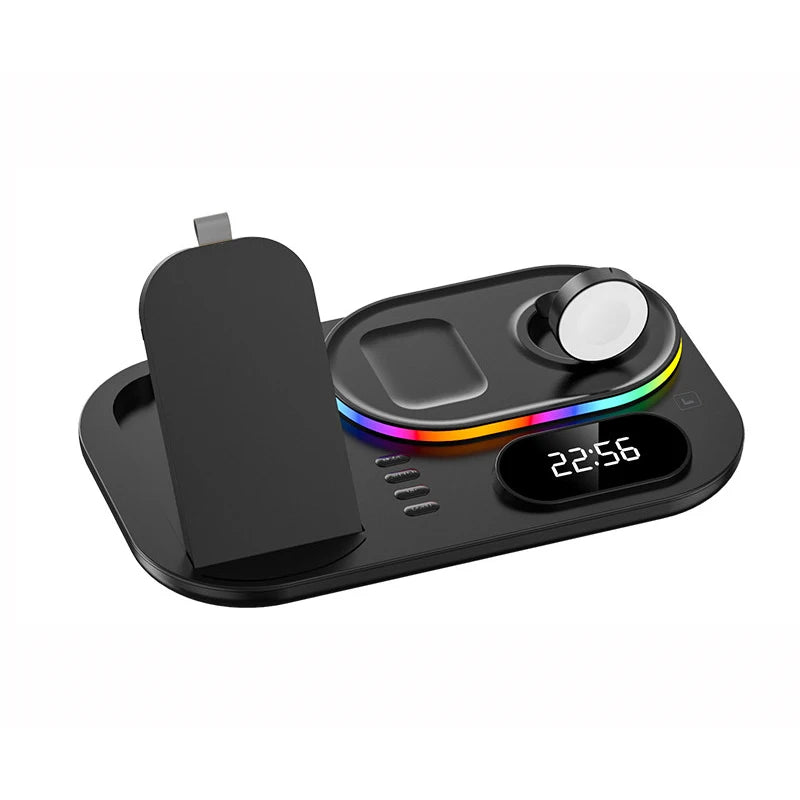 Foldable Wireless Charger Alarm Clock LED Light Dock For Samsung S24 S23 Galaxy Watch 2-7 Active 1 2 Buds Pro Charging Station