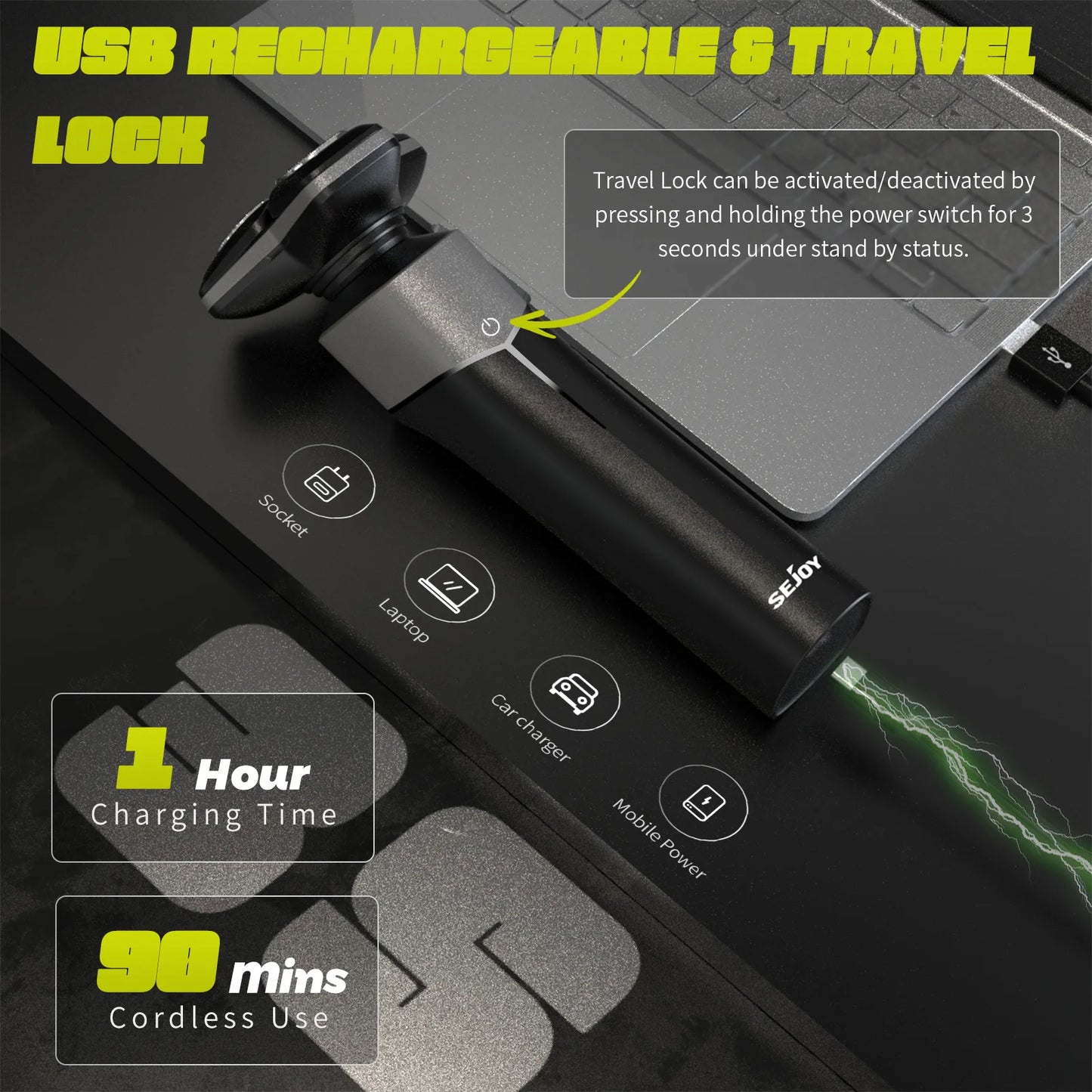 SEJOY 3-in-1 Electric Shaver – Cordless Beard & Nose Hair Trimmer, Waterproof USB Rechargeable