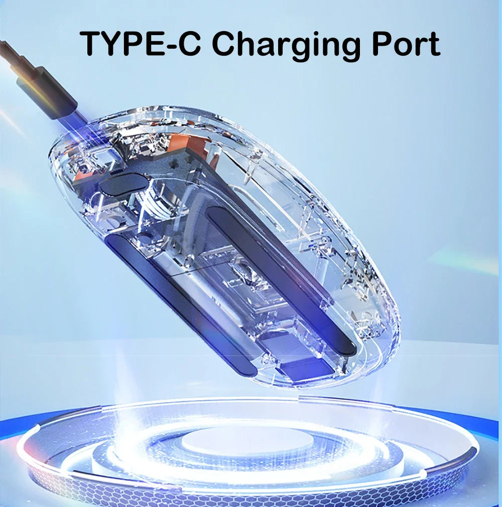 Tri-Mode Transparent Wireless Mouse – Dual Bluetooth & 2.4G, 2400DPI, Silent & Rechargeable