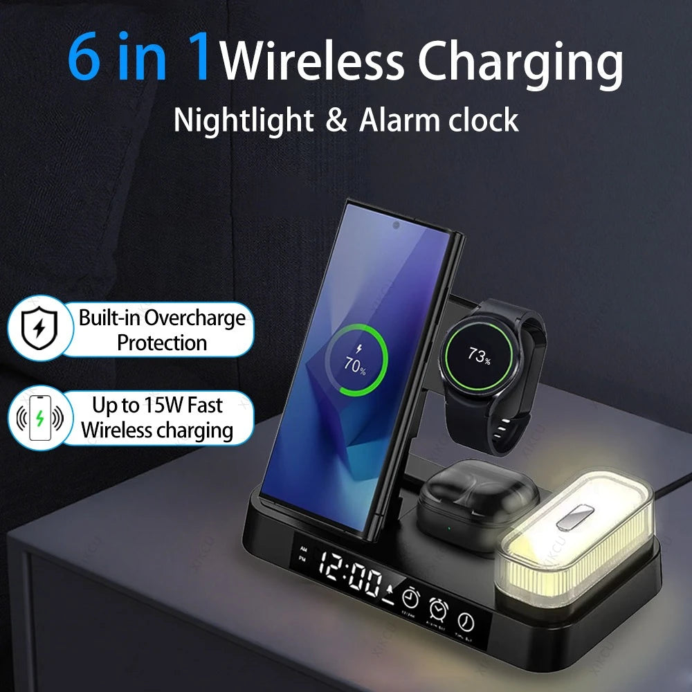 Foldable 6 in 1 Wireless Charger Dock Removable LED Light For Samsung S25 S24 S23 Galaxy Watch 7 6 5 4 Buds Pro 3 Fast