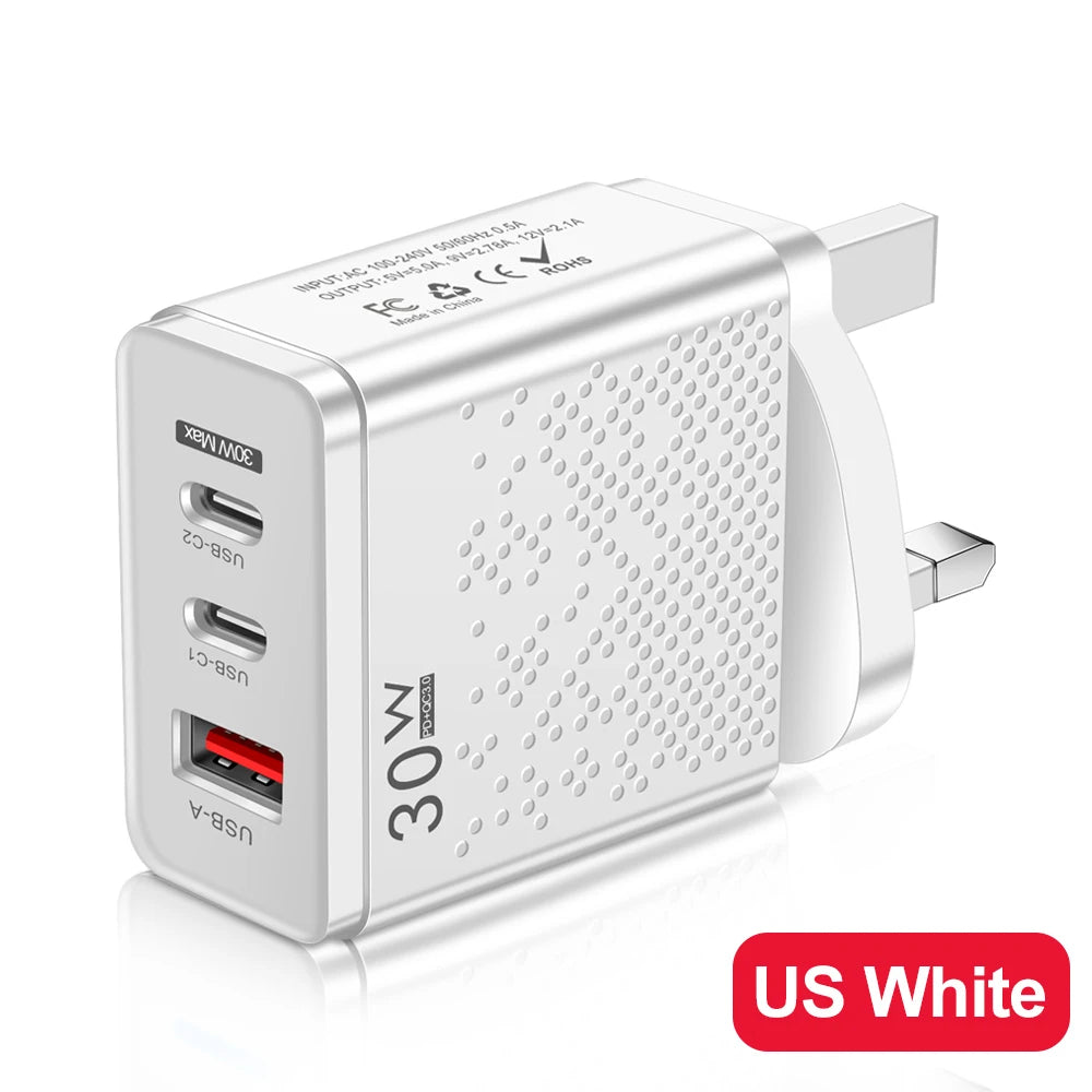 3 Ports PD 30W USB Type C Fast Charging Wall Power For iPhone16 Xiaomi Huawei Samsung  3.0 Phone
