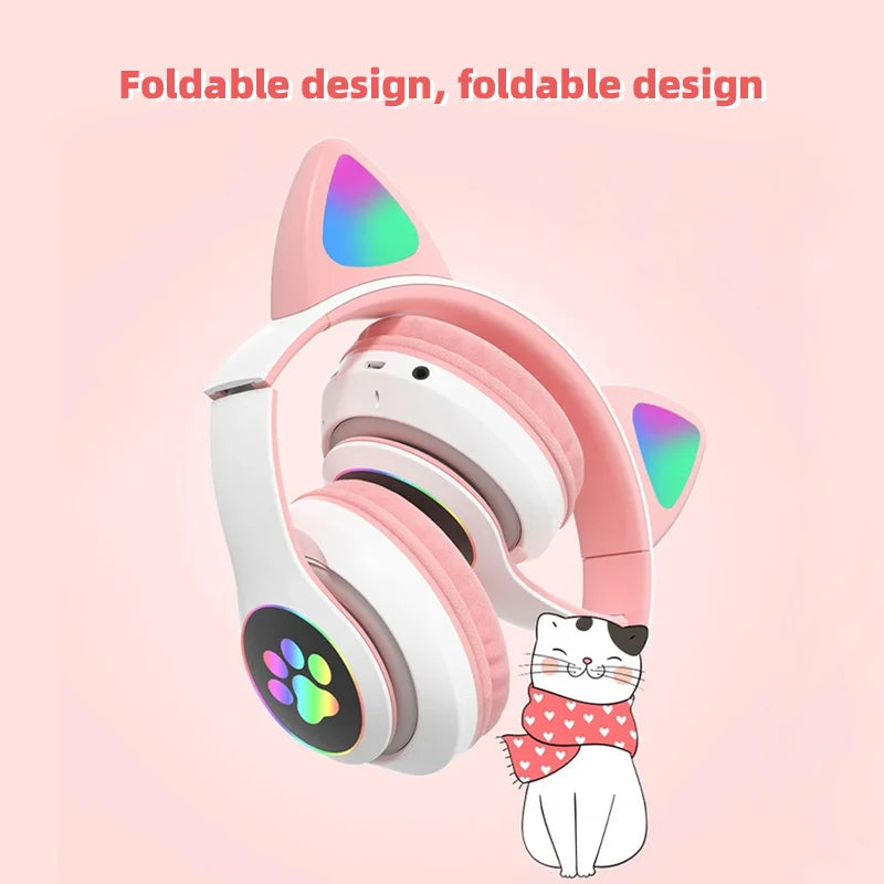 P47M Wireless Headphone Flash Light Cute Cat Bluetooth with Mic Control LED Stereo Music Helmet Phone Bluetooth