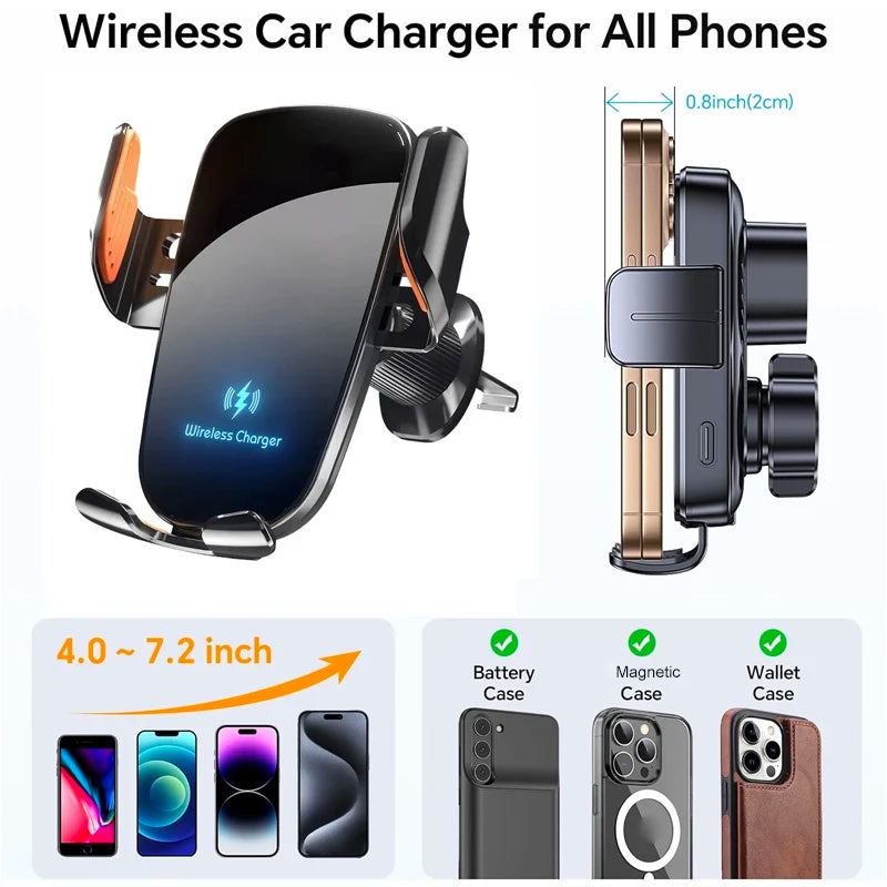 UYUXIO Manual Clamp Wireless Car Fast Charger 15 Air Vent Car Mount Phone Holder for iPhone Samsung Android Phone