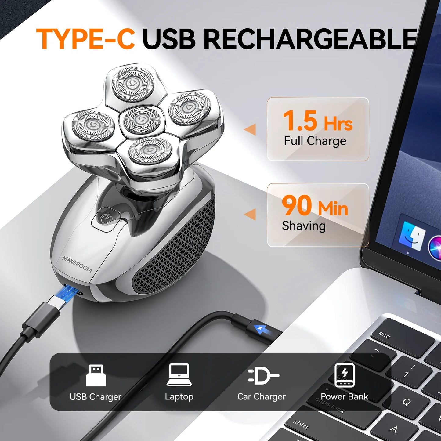 MAXGROOM 5D Electric Head Shaver – Magnetic Floating Blade, USB Rechargeable Waterproof Razor