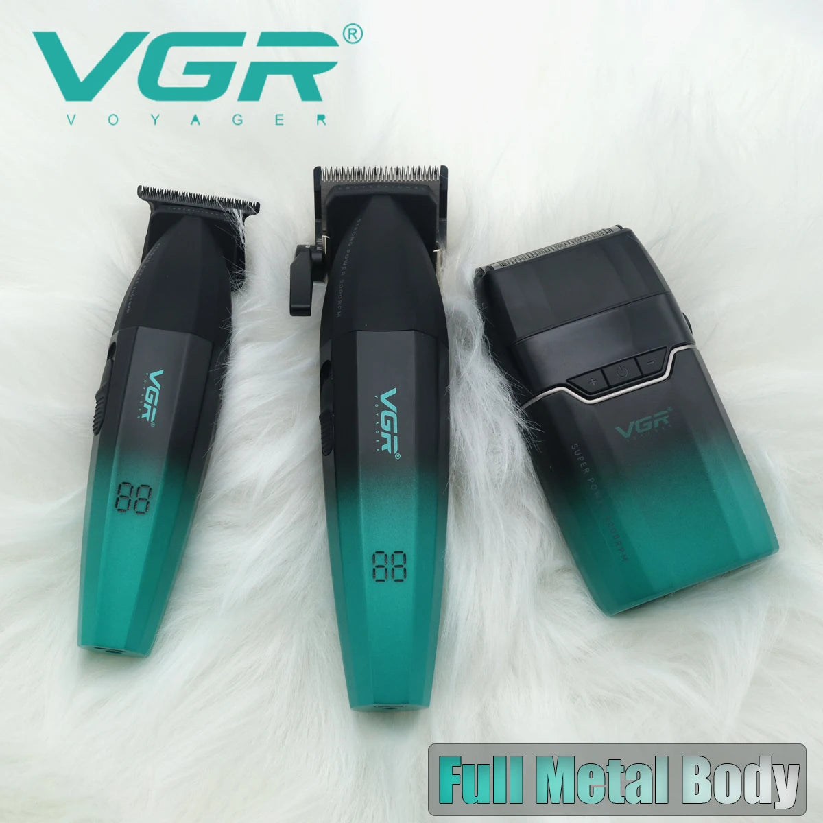 VGR Professional Hair Clipper Kit – DLC Blade, Full Metal Body, LED Display