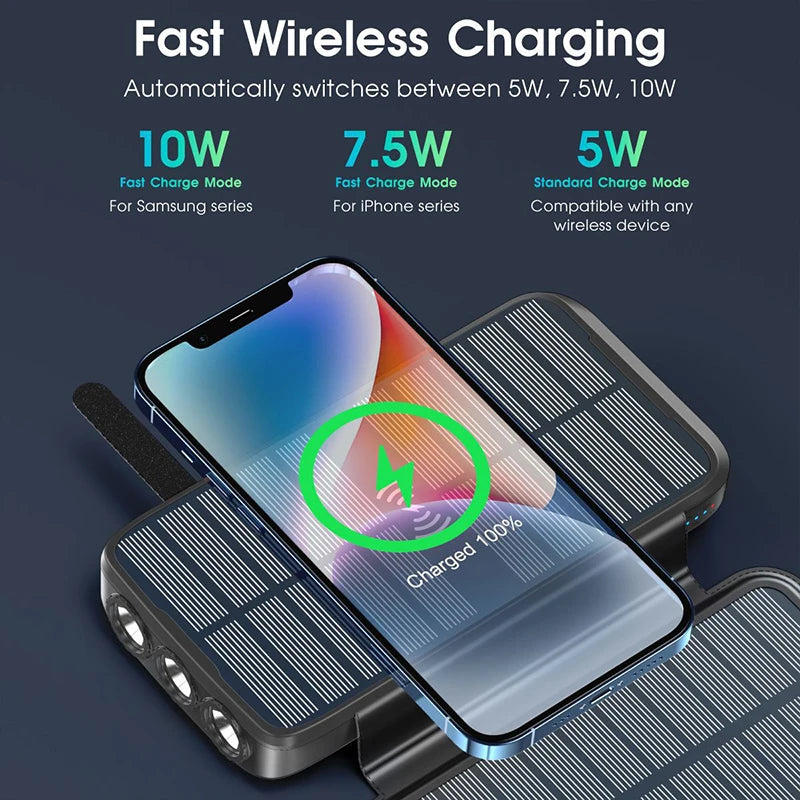 Waterproof Solar Power Bank 43800mAh Fast Wireless Charger for iPhone 15 14 Samsung Huawei Xiaomi PD 20W Fast