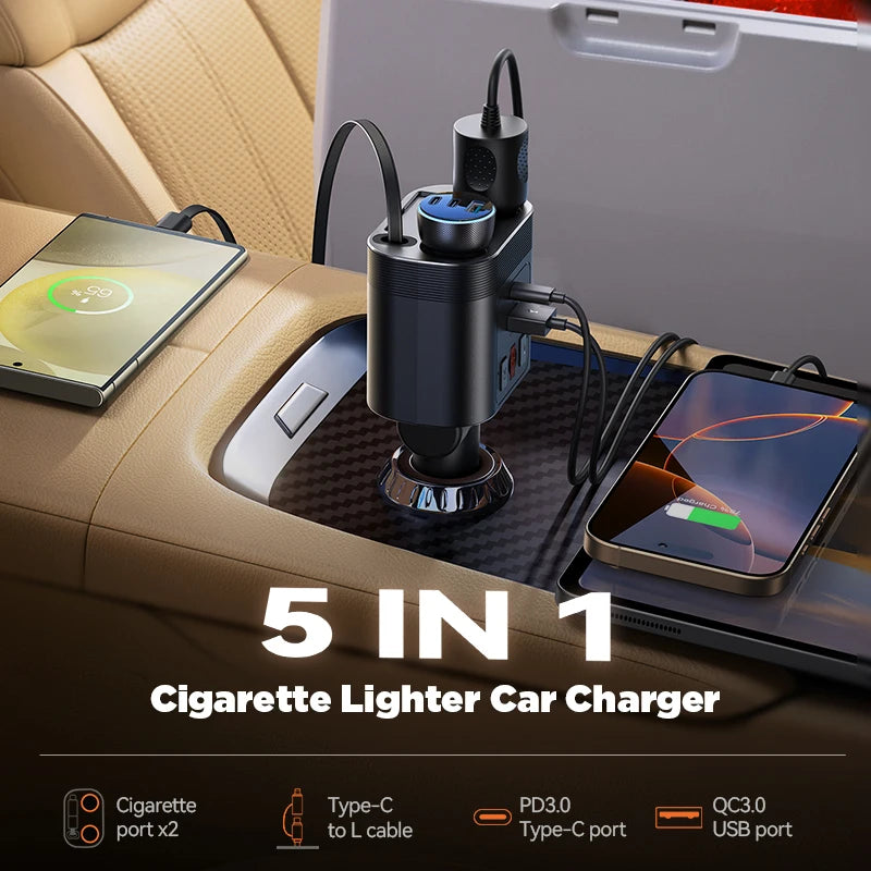 Joyroom 140W Retractable Car Charger 5 in 1 Fast Charging Car Charger Retractable Cable 2 USB Ports Car Charger Adapter JR-CCL03