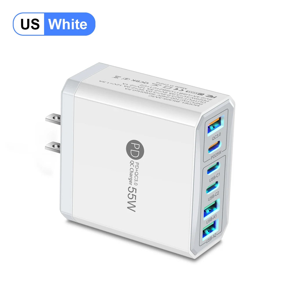 55W PD USB Charger 6 Ports Fast Charging Travel For iPhone Samsung Huawei Xiaomi Mobile Phone Quick 3.0