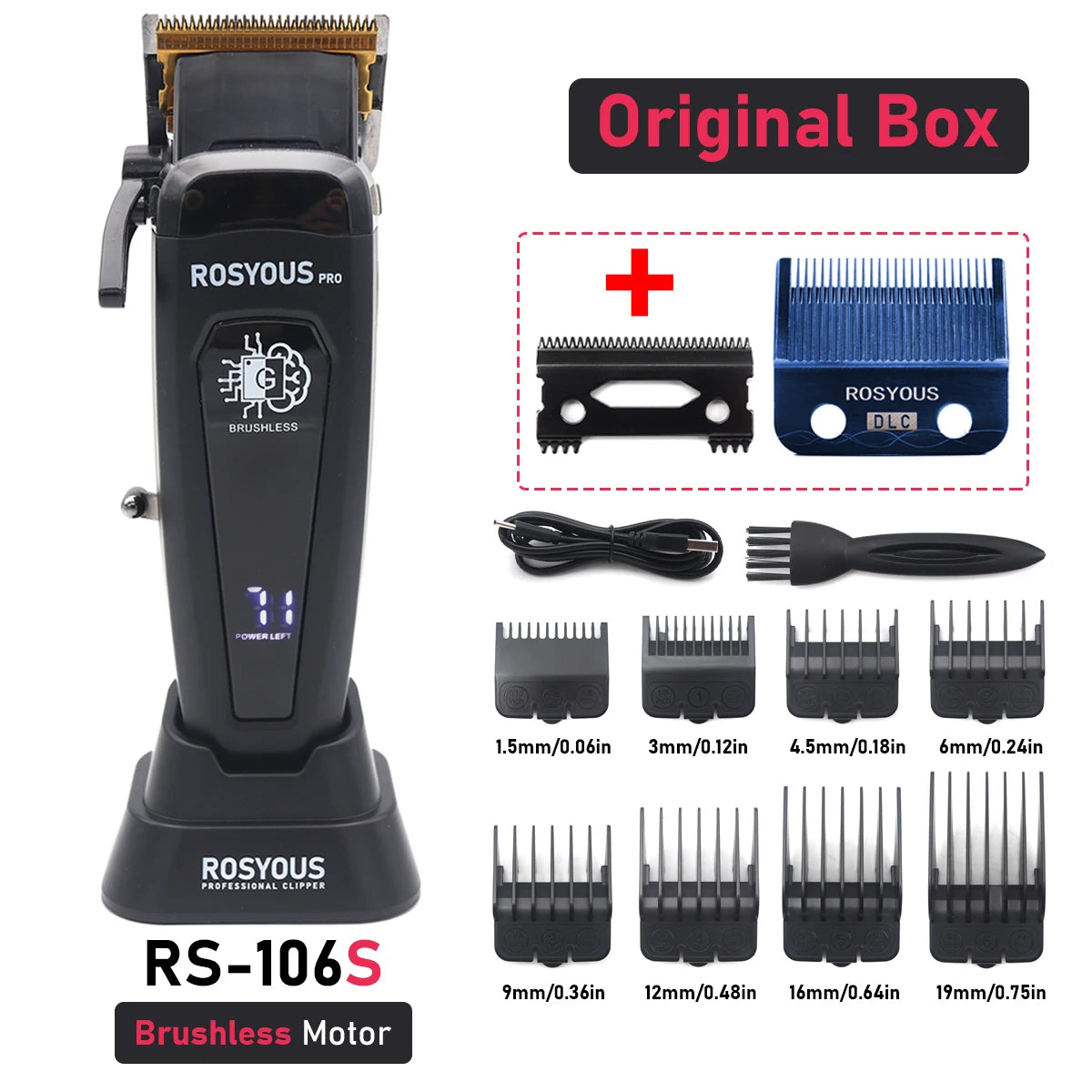 Professional Hair Clipper 106 – Brushless Motor, DLC Blade, LED Display, Base Charger