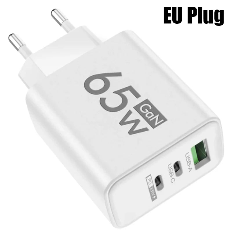 GaN Fast Charging 65W USB Type C EU KR PD 3.0 Quick Wall For Phone For iPhone 15 Xiaomi Huawei Samsung