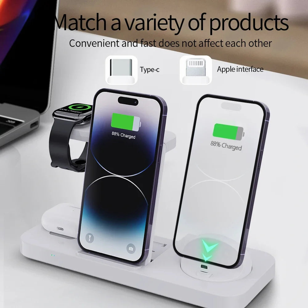 Foldable 6 In 1 Wireless Charger Stand For iPhone 15 14 13 12 11 X Apple Watch 8 7 6 5 4 3 2 Airpods Fast Charging Dock Station