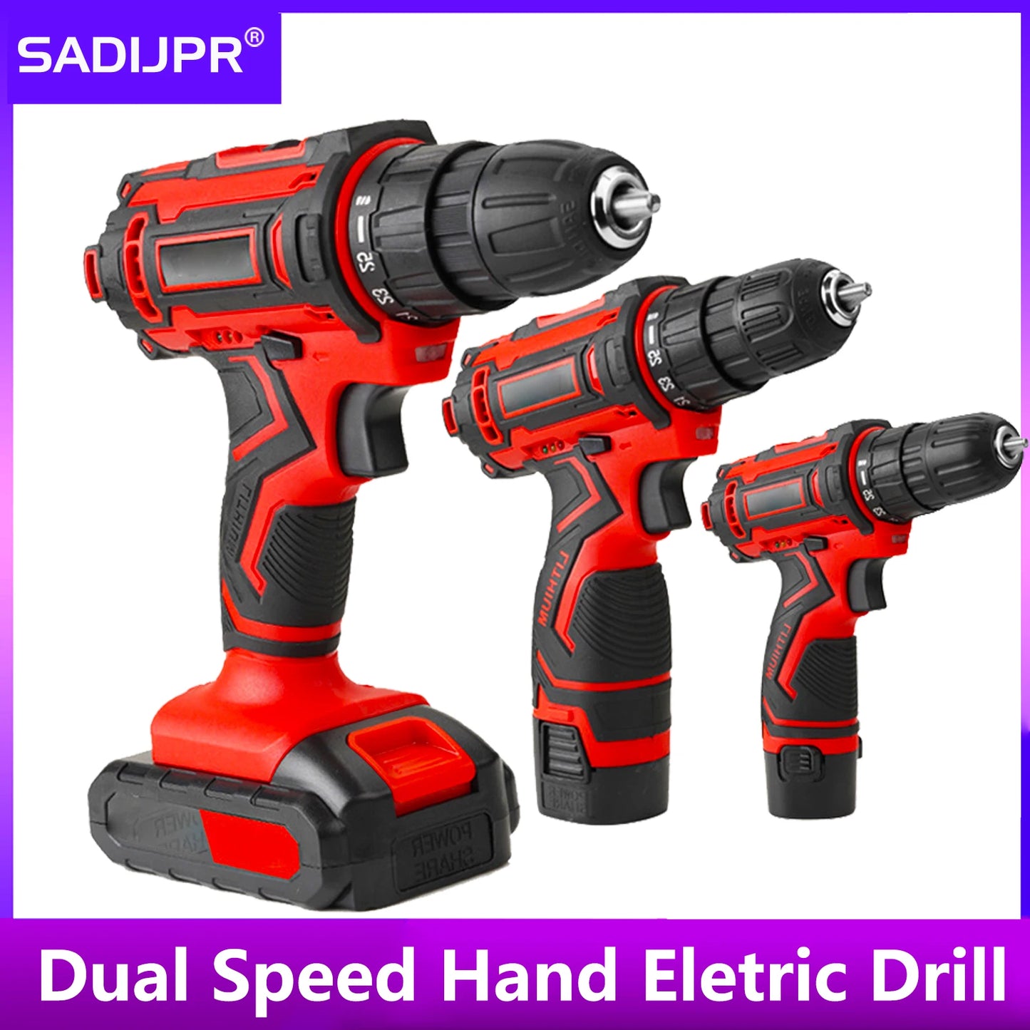Dual Speed Hand Eletric Drill 12V 18V 48V Power Display with LED Light 42N.M Torque 2200r/min 10mm Chuck
