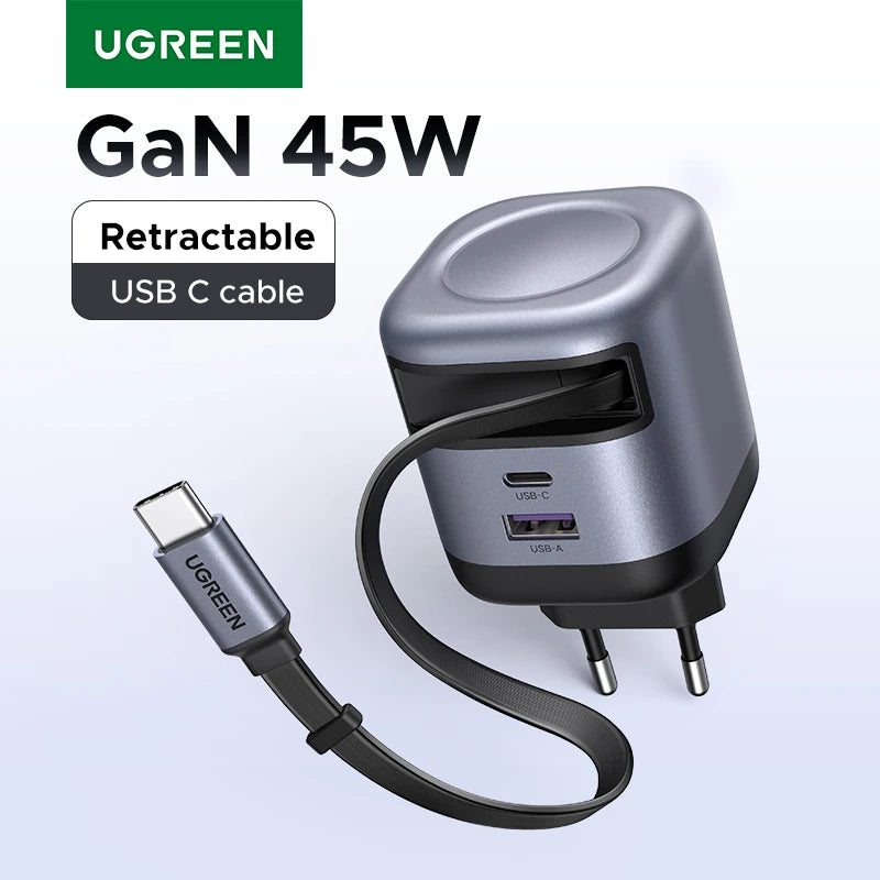 UGREEN 45W GaN Retractable Cable Charger UFCS PPS QC PD 3.0 For iPhone 17 16Pro Samsung S25 iPad Macbook Air Tablet Fast Charger