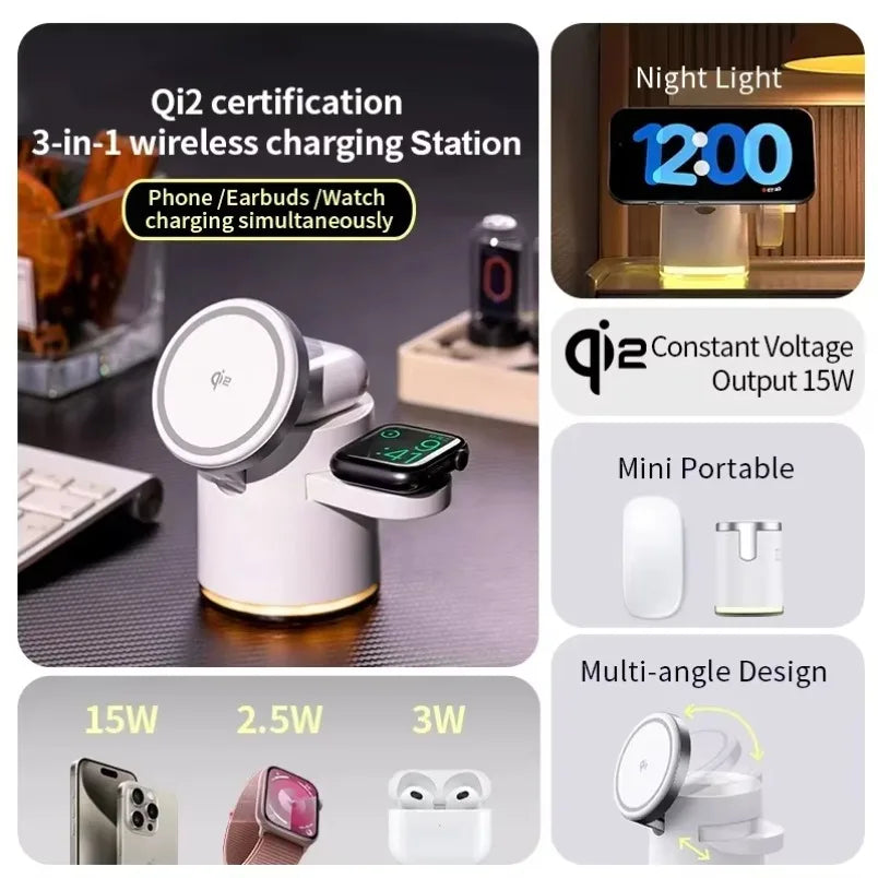 Qi2 Charger with Night lamp 3in1 Magsafe Wireless Chargers Station for iPhone & Samsung Apple Watch Magnetic Accessory