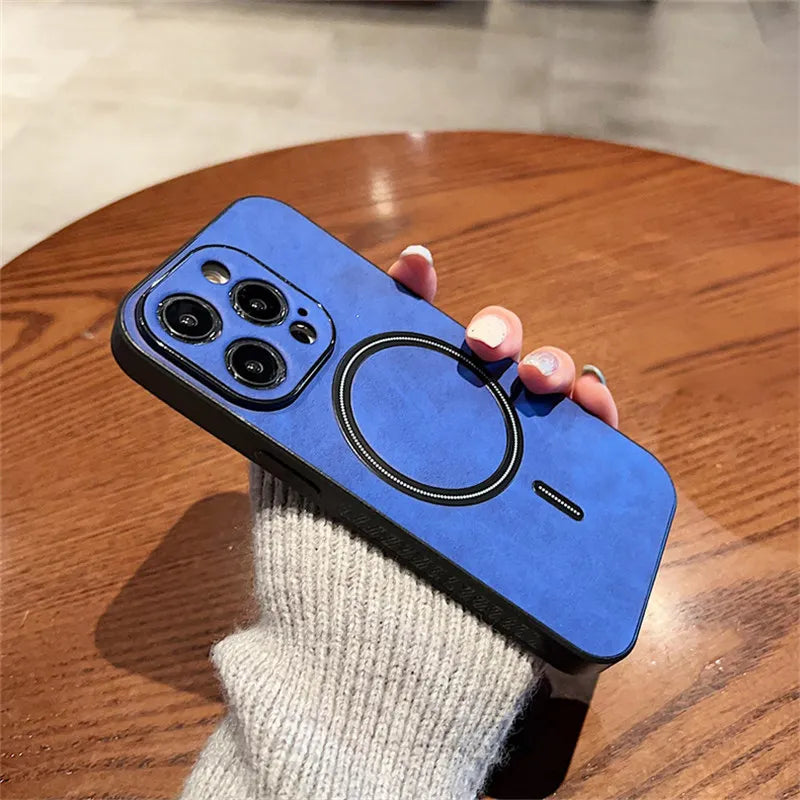 Luxury Wireless Charging Magnetic Cortex Leather Phone Case For iPhone 16 13 12 15 Pro Max 14 Plus 14Pro Shockproof Bumper