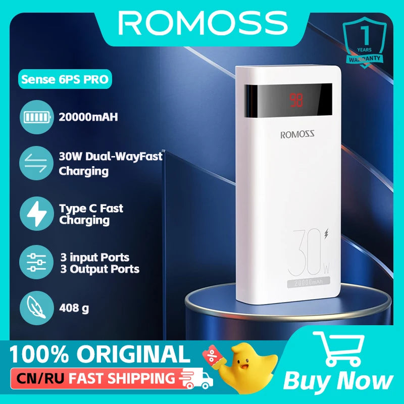 ROMOSS Sense 6PS PRO 20000 mAh Power Bank 30W Fast Charging Romoss Portable  External For iphone Xiaomi 13 HUAWEI