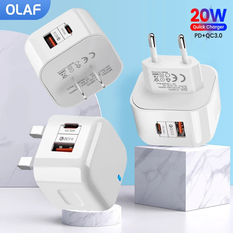 PD 20W USB Type C Fast Charger Phone Quick For iPhone Samsung Xiaomi Huawei Wall EU/US/UK Plug