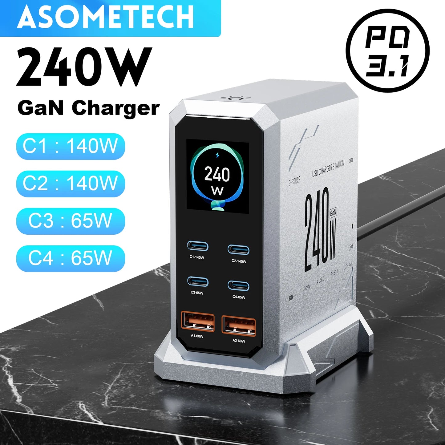 240W GaN Charger PD3.1 140W USB Type C 6 Ports PPS PD Desktop Fast for MacBook Laptops Tablet iPhone Samsung