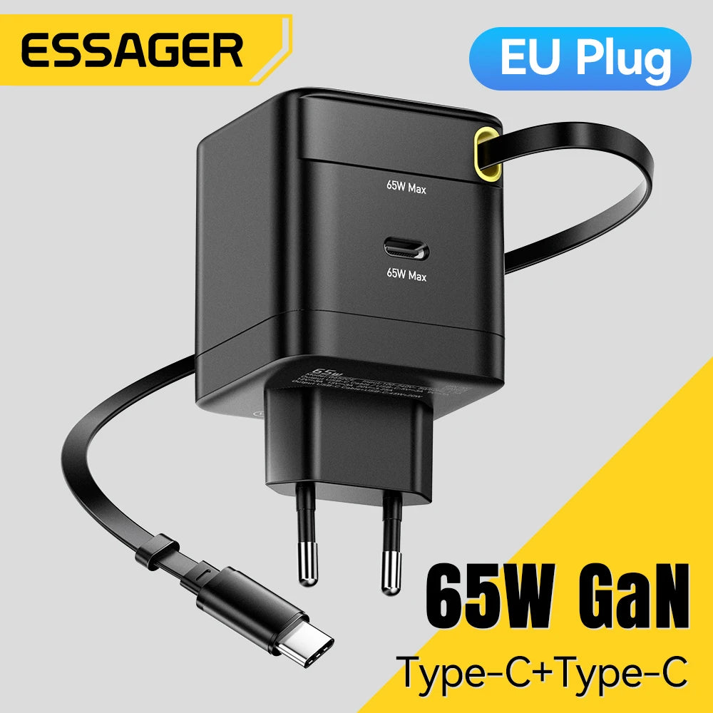 Essager 65W GaN Fast Charger with Retractable Cable PDfor Laptop Macbook iPhone 16 15 14 Xiaomi Type-C