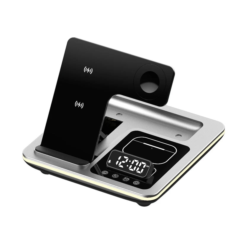 Foldable Wireless Charger Alarm Clock LED Light Dock For Samsung S24 S23 Galaxy Watch 2-7 Active 1 2 Buds Pro Charging Station