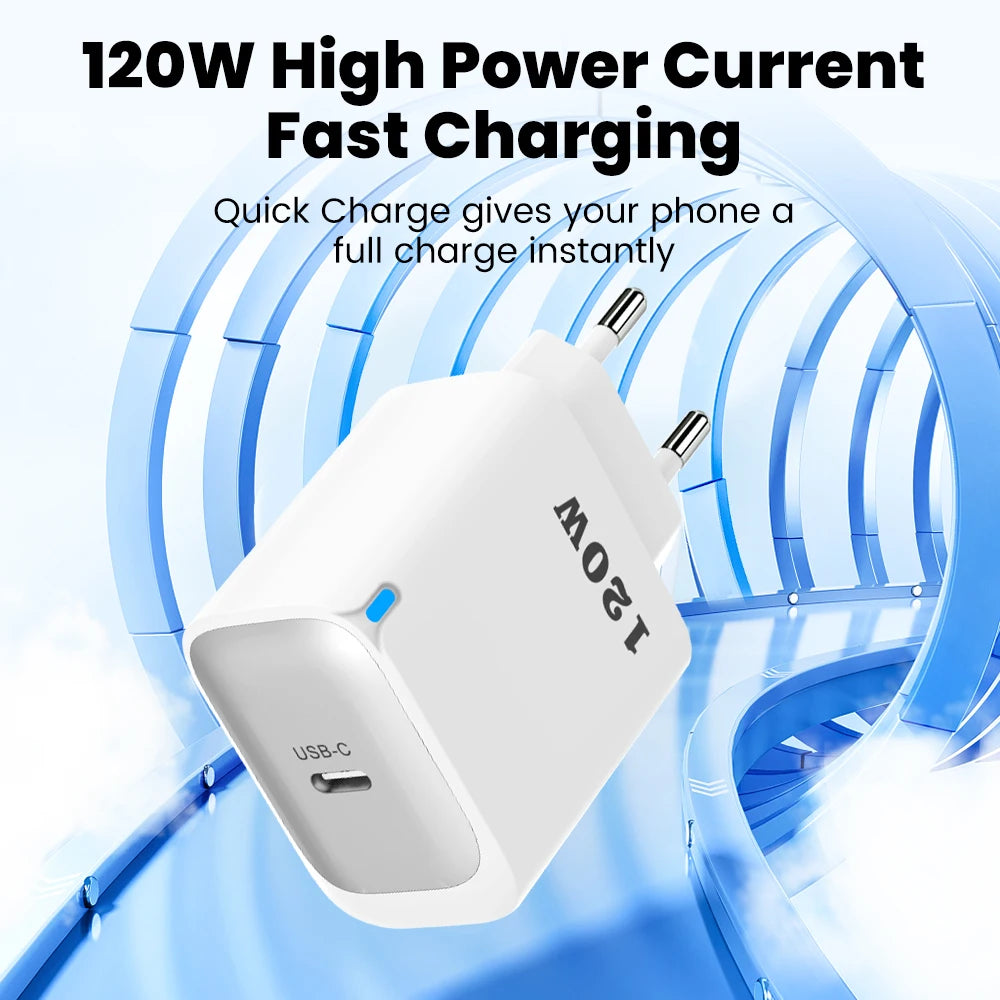 120W PD Fast Charger Type C Quick  3.0 USB C For iPhone 15 16 Samsung Xiaomi 0.25m USB C to C Short Cable